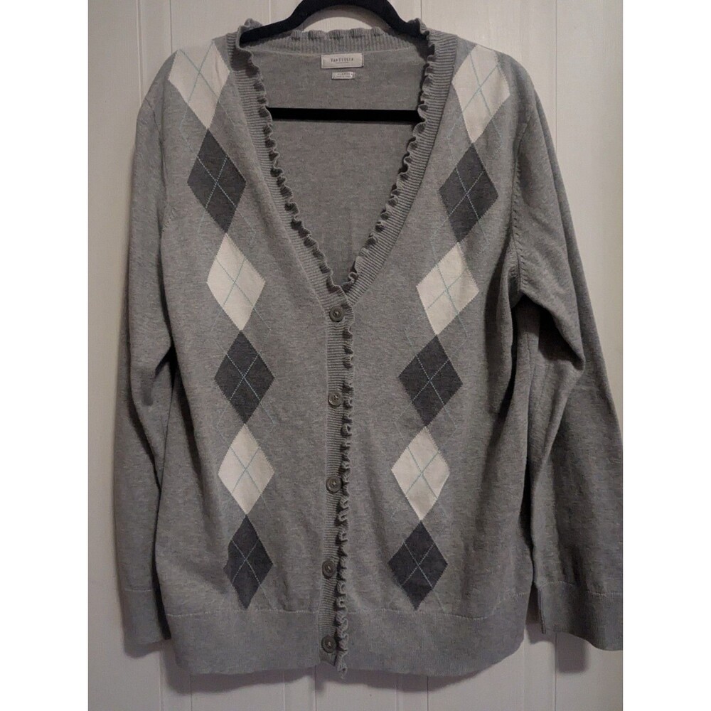 Van Heusen Women's XL Cotton Knit Gray Argyle Ruffle Button Up Cardigan Sweater